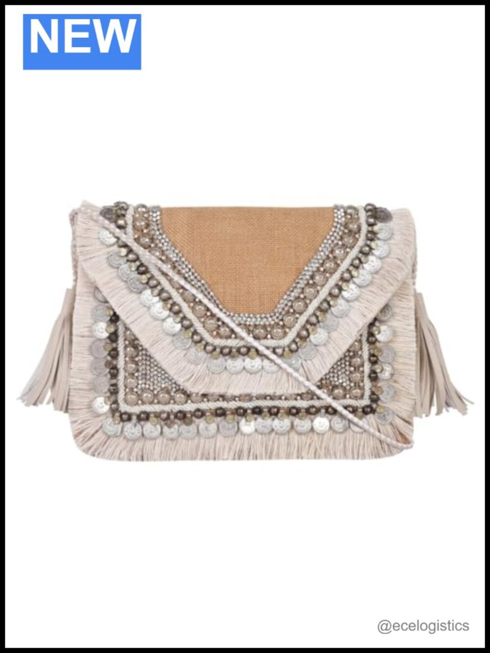 Embroidered Straw Clutch Boho Woven Envelope Handbag with Beads and Tassels